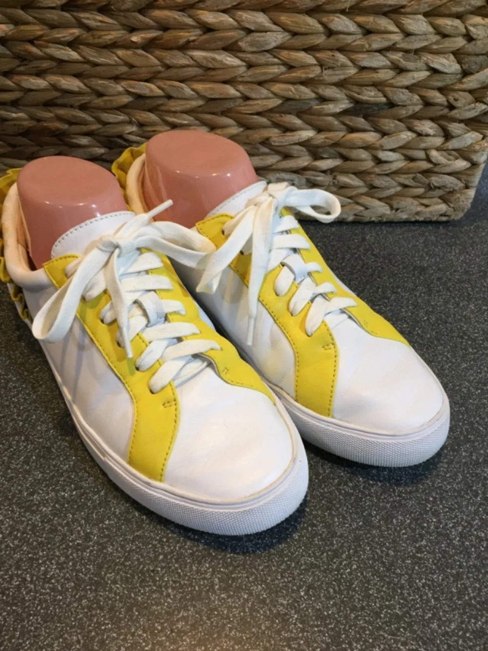 Talbots White and Yellow Leather Ruffle-Back Sneakers